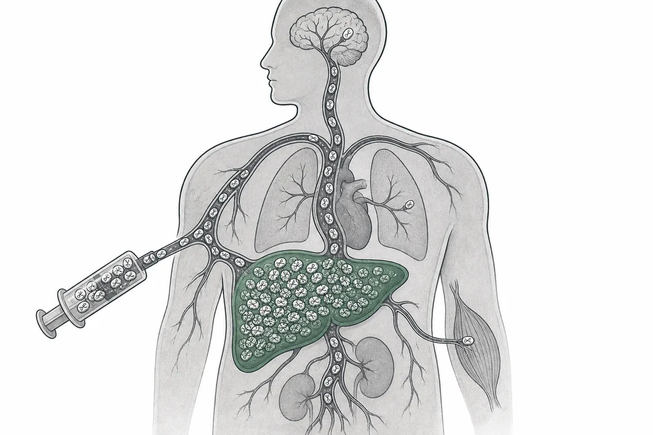 Many scissors-shaped gene editors are injected into the bloodstream; nearly all of them flow into the liver, with only a few reaching other, more distant organs