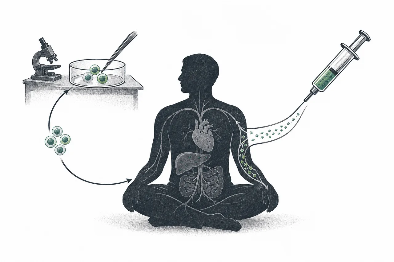 Two paths: on the left, cells are taken out of the body, edited in a lab, and put back; on the right, the editor is injected directly into the body to find the target itself