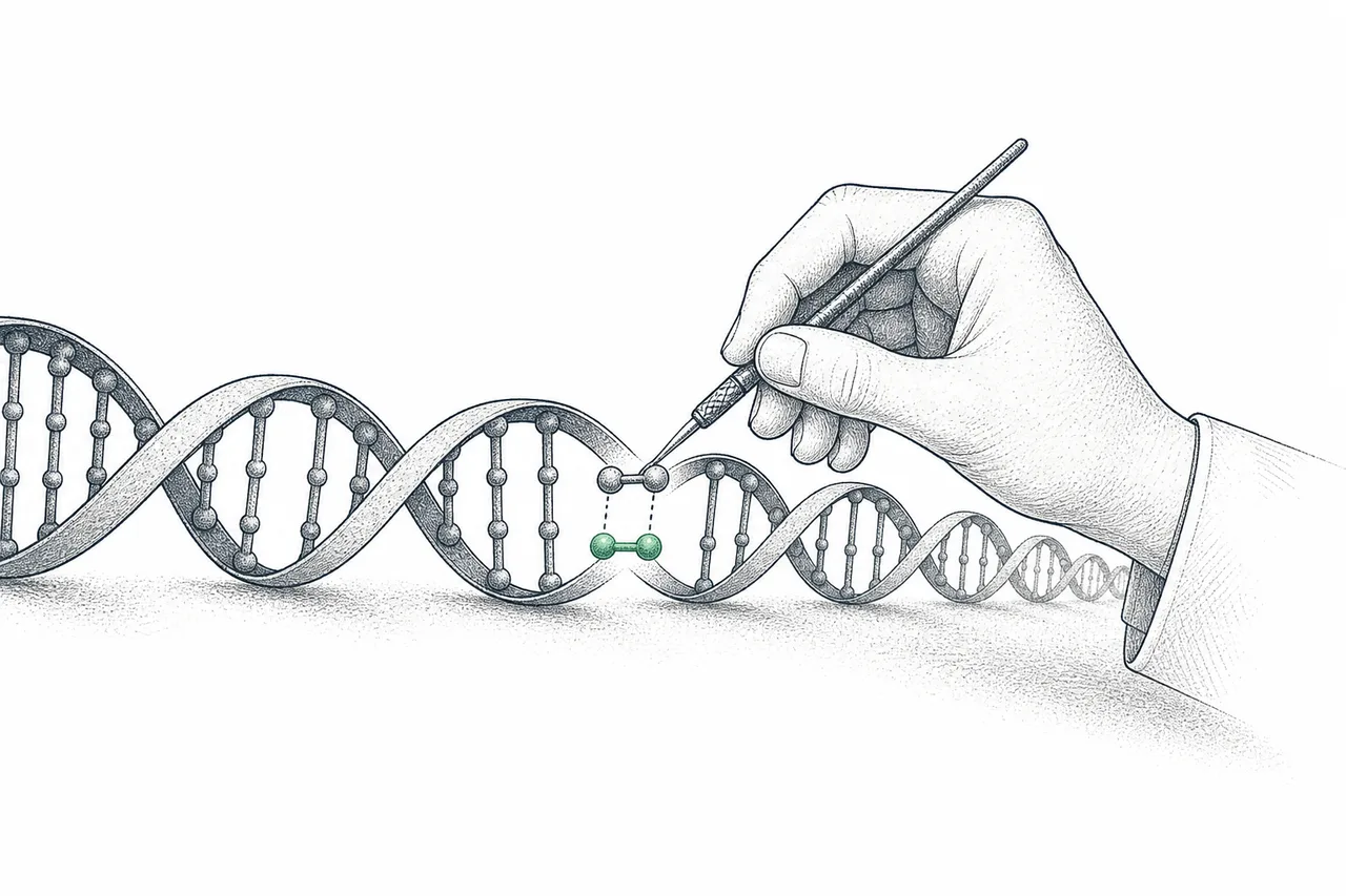 A hand holding a tiny pen edits a single letter on a long stretch of the DNA helix; the corrected letter glows green