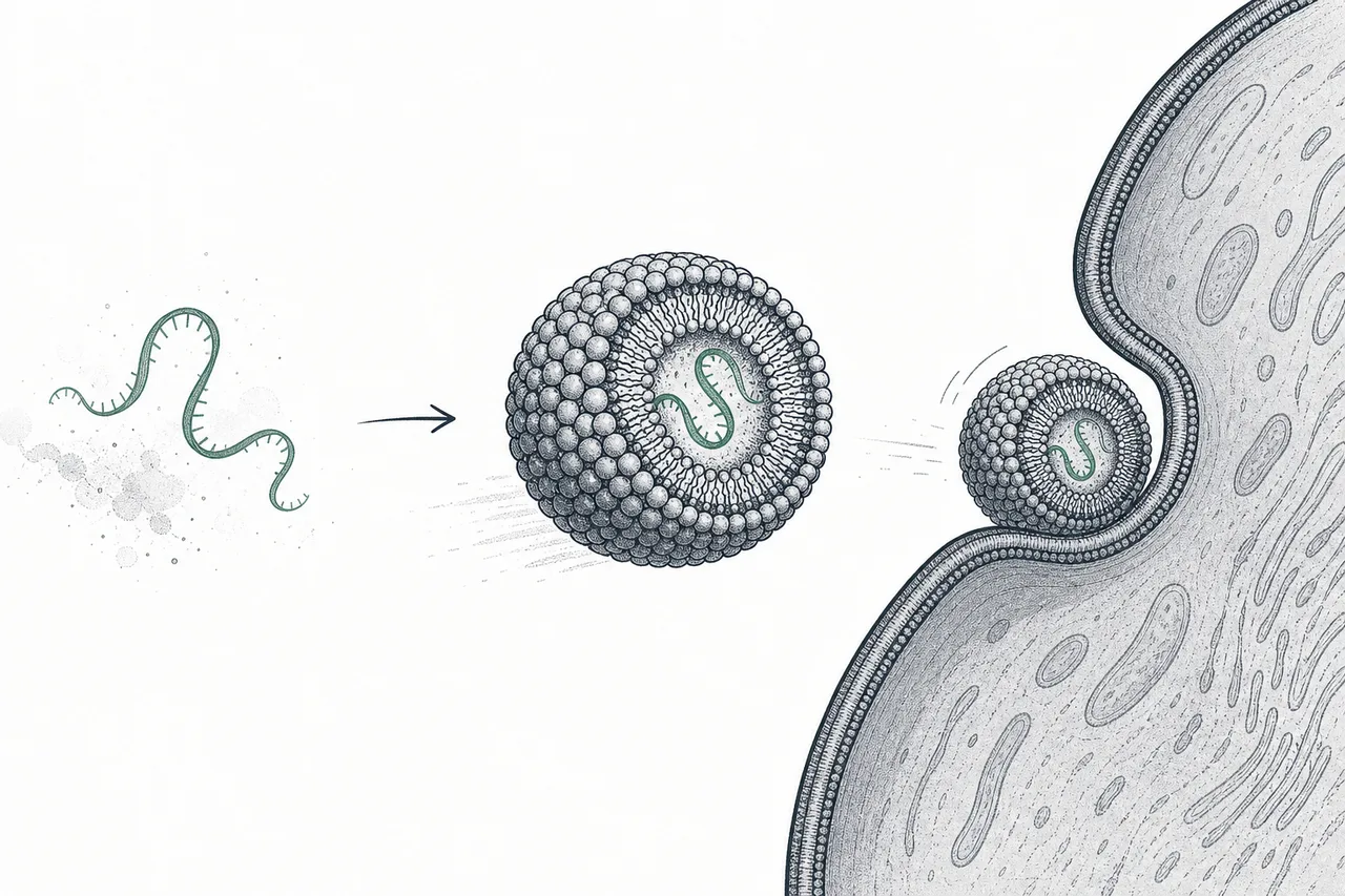 A spherical droplet of fat (lipid nanoparticle) wrapping a fragile strand of RNA, carrying it across the cell wall and inside