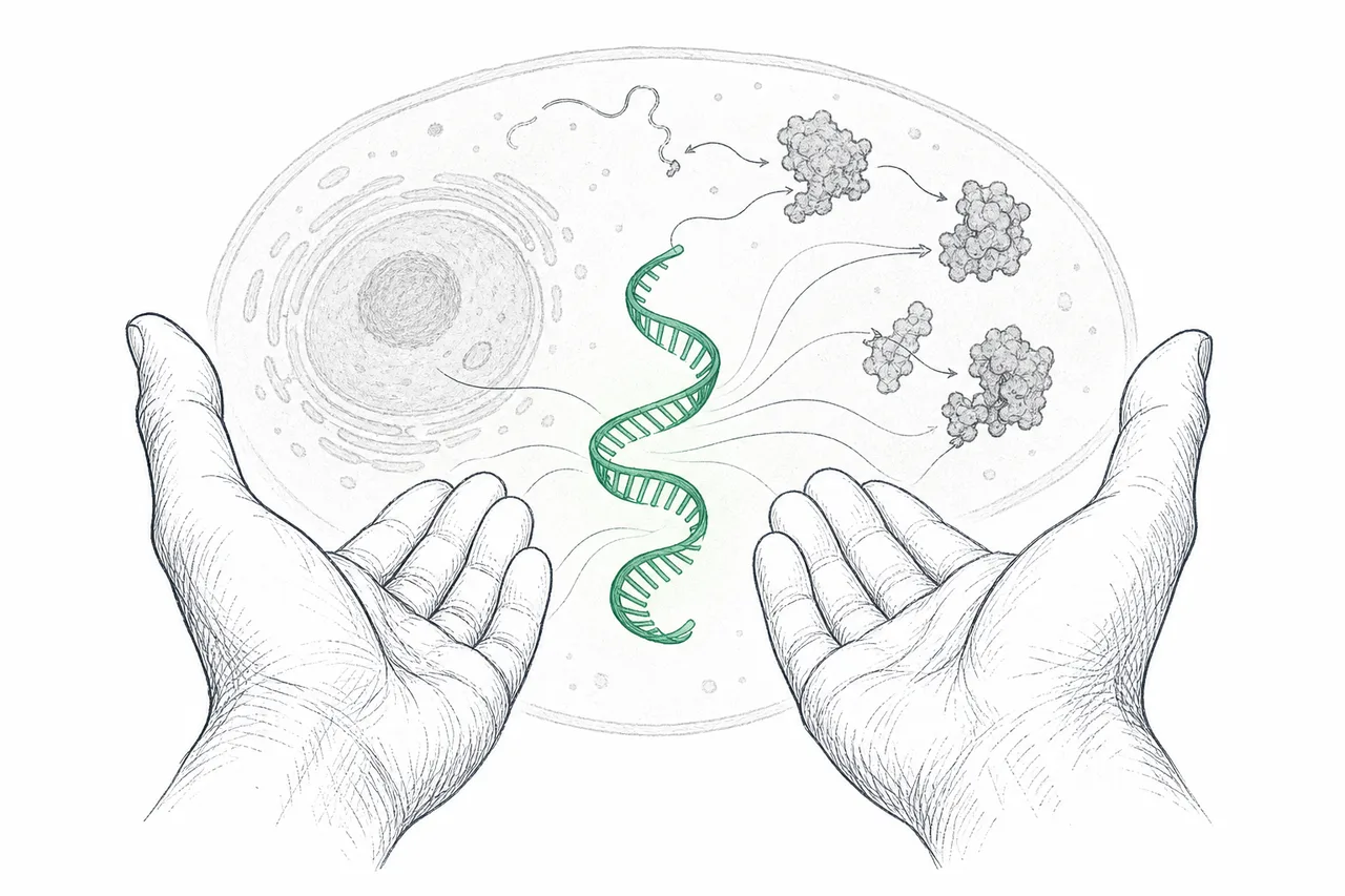 A strand of RNA turned into a drug, delivering instructions into the body's cells to make — or stop making — a protein on their own