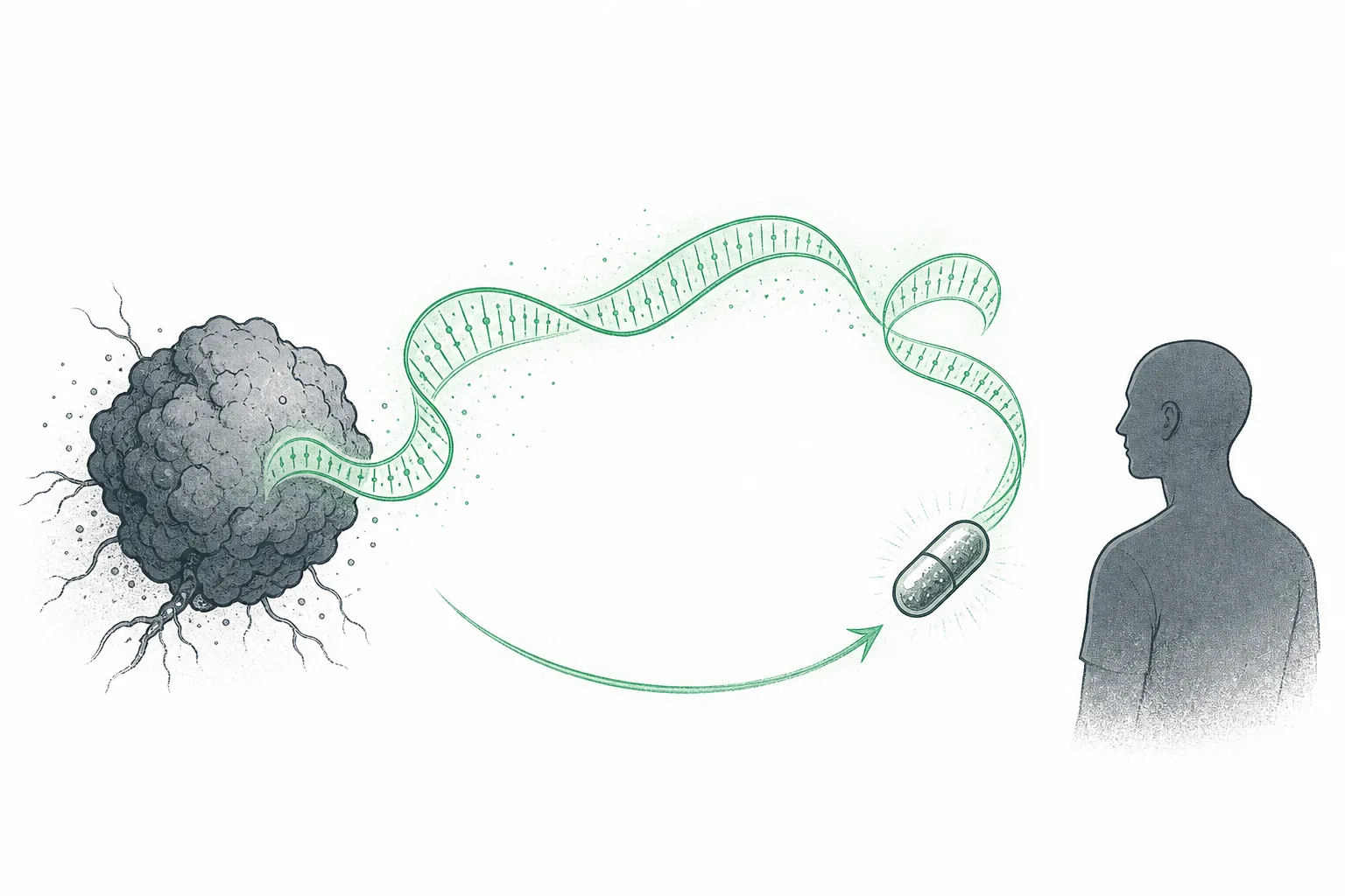 A tumor read out as a strand of genetic code, then that code rewritten into a custom vaccine sent back to a single patient — conveying medicine tailored to one individual.