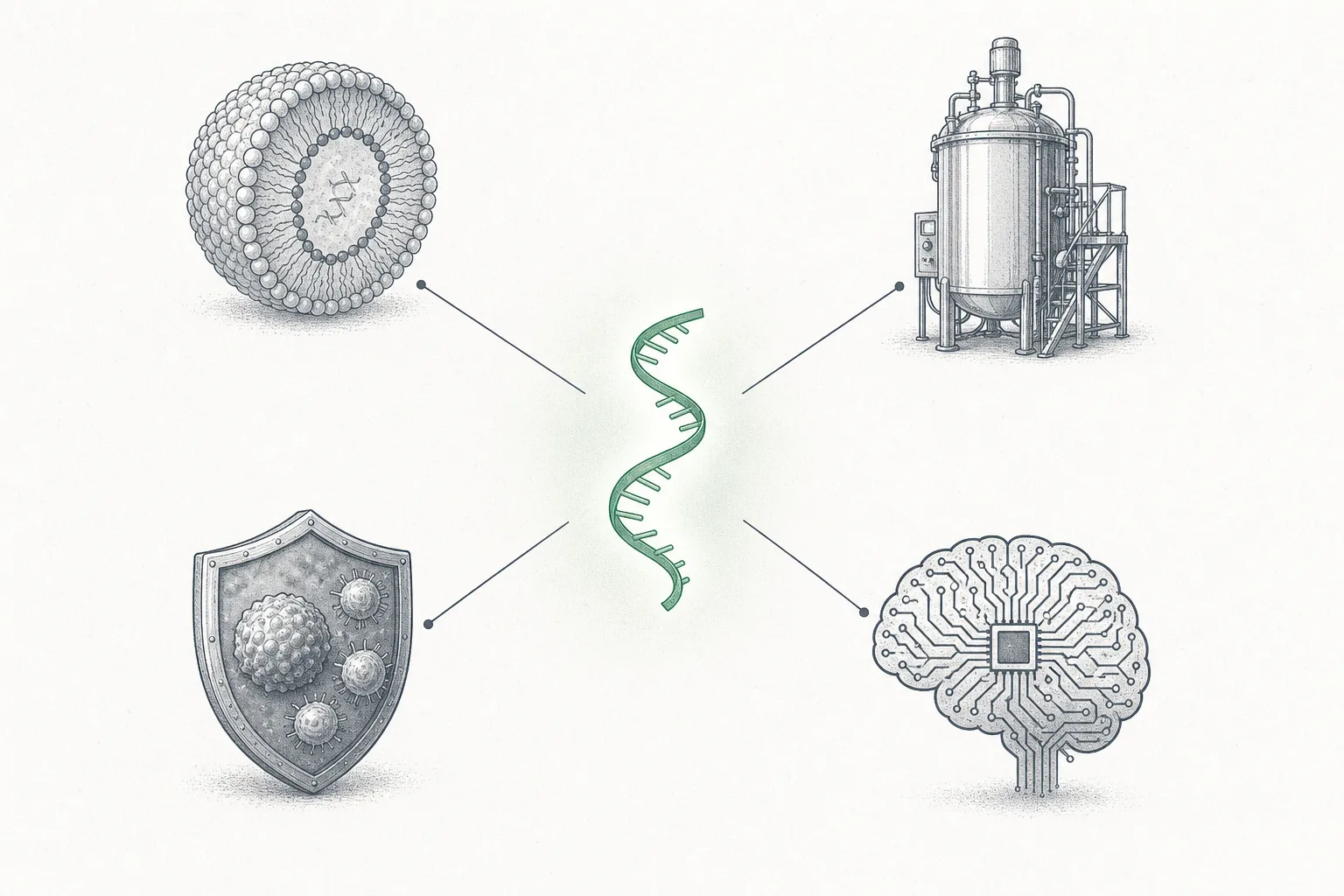 A strand of genetic code in the center, surrounded by four elements — a lipid capsule, a manufacturing plant, an immune shield, and an artificial-intelligence circuit. Every piece connects to the glowing code in the center.