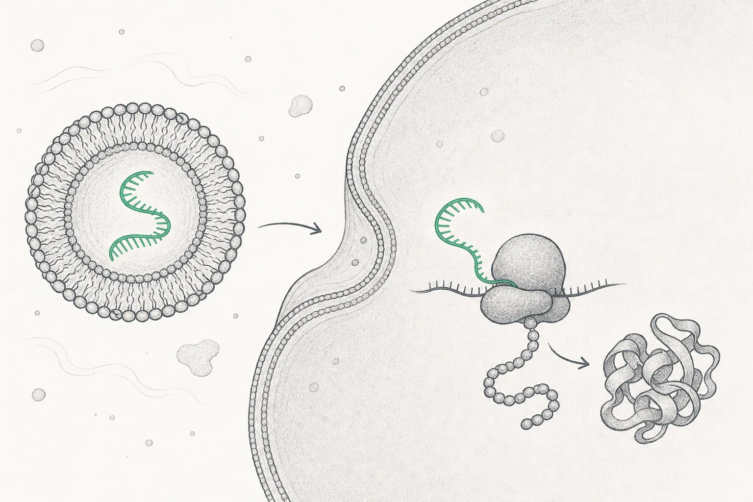 A tiny spherical lipid capsule with a glowing strand of genetic code inside, drifting toward a cell that opens to receive it, while inside the cell a small factory reads that code and assembles a protein.