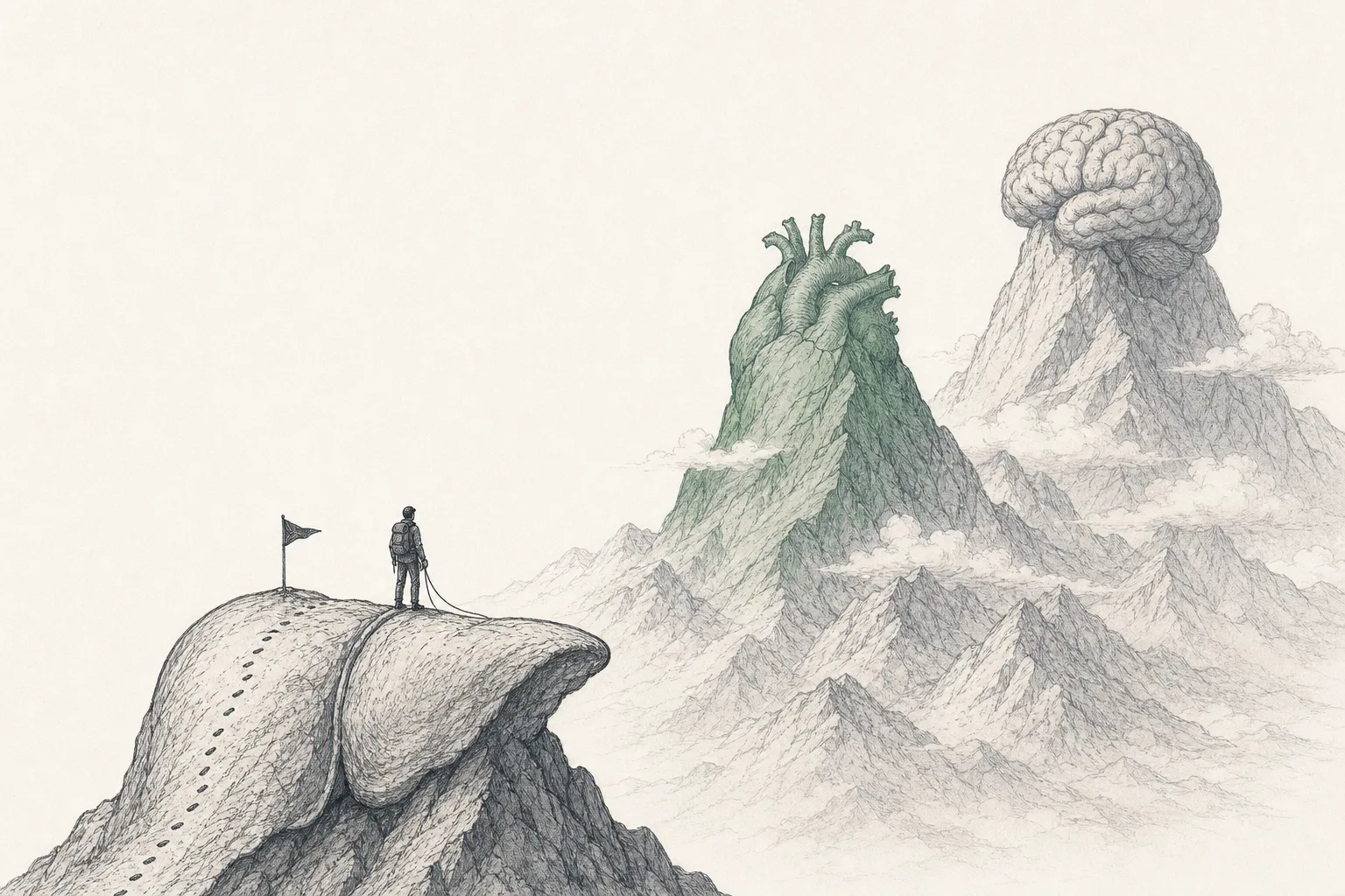 A chain of mountains, one peak shaped like a liver that a climber has already conquered, while a farther, taller peak shaped like a heart and brain still awaits. One climber heads toward it, conveying the expansion from the liver to other organs.