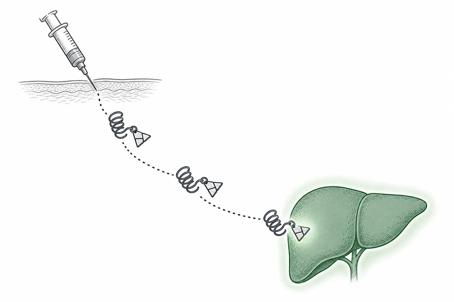 A small, coiled drug molecule with a triangular address label attached is injected under the skin and runs straight toward a glowing liver, conveying organ-targeted drug delivery.