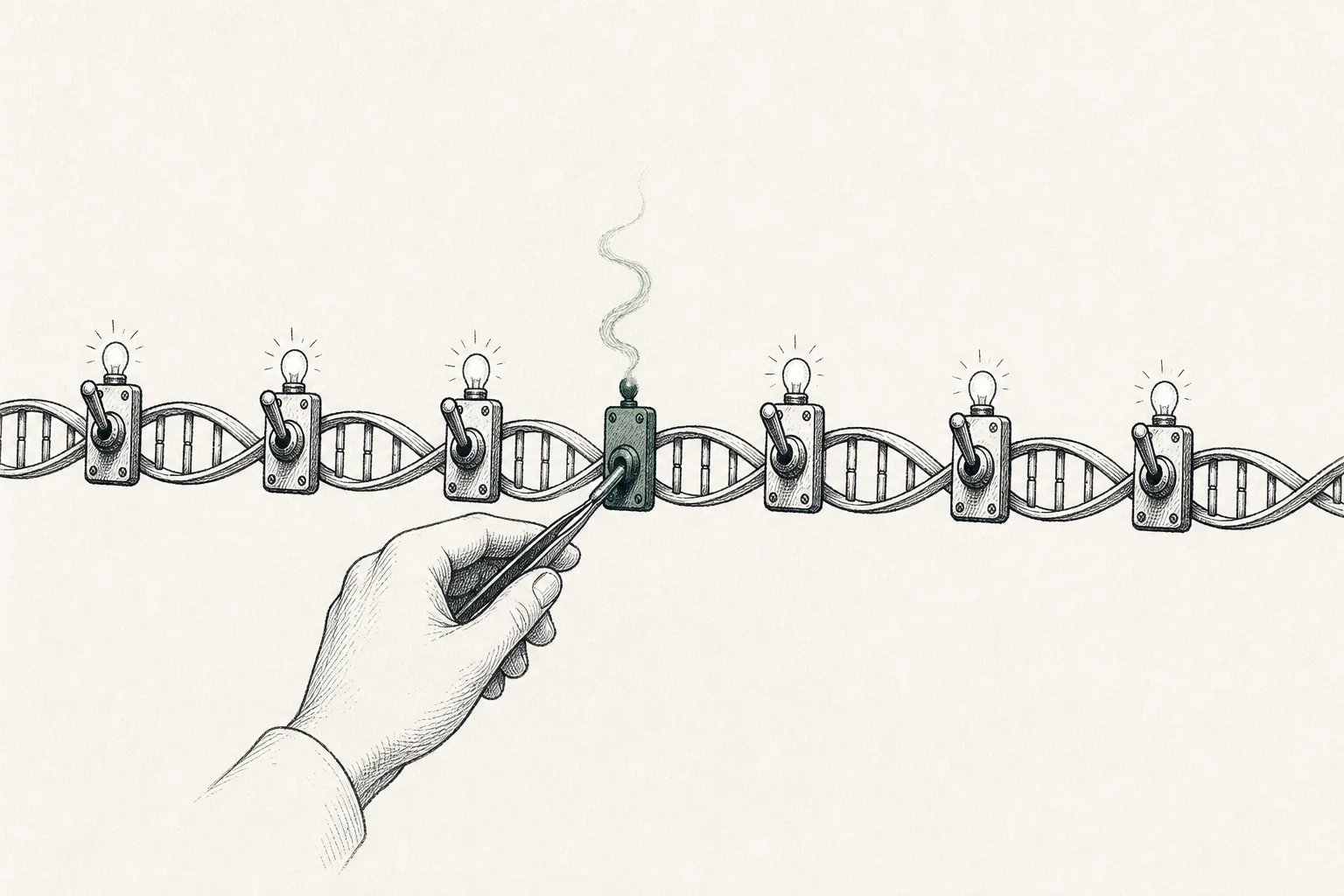A long chain of genetic letters runs across the image. One switch on the chain has been pressed off, while the rest of the chain still glows — conveying the precise silencing of a single gene.