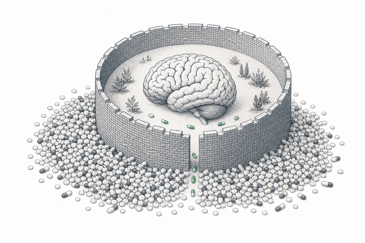 A human brain ringed by a thin brick wall, with only a few pills slipping through tiny gaps to reach inside; the rest are held out beyond the wall
