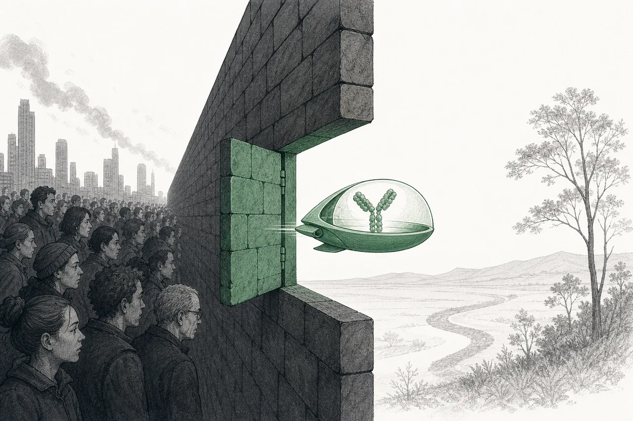 A small vehicle carrying drug molecules passes through a gate opened in a thick brick wall, into the brain's territory on the other side