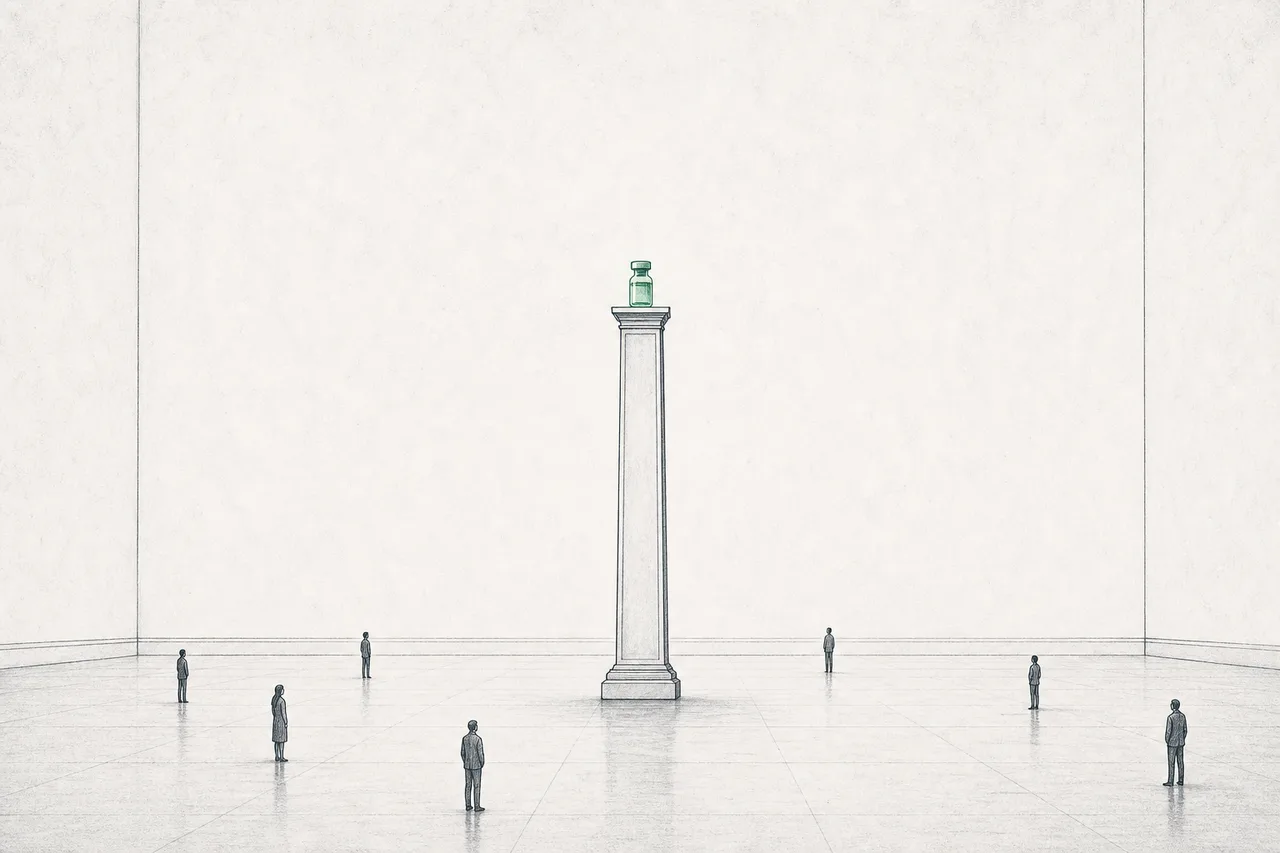 A single small drug vial standing prominently on a tall pedestal, surrounded by a thin scattering of patients — conveying few patients but high value per head