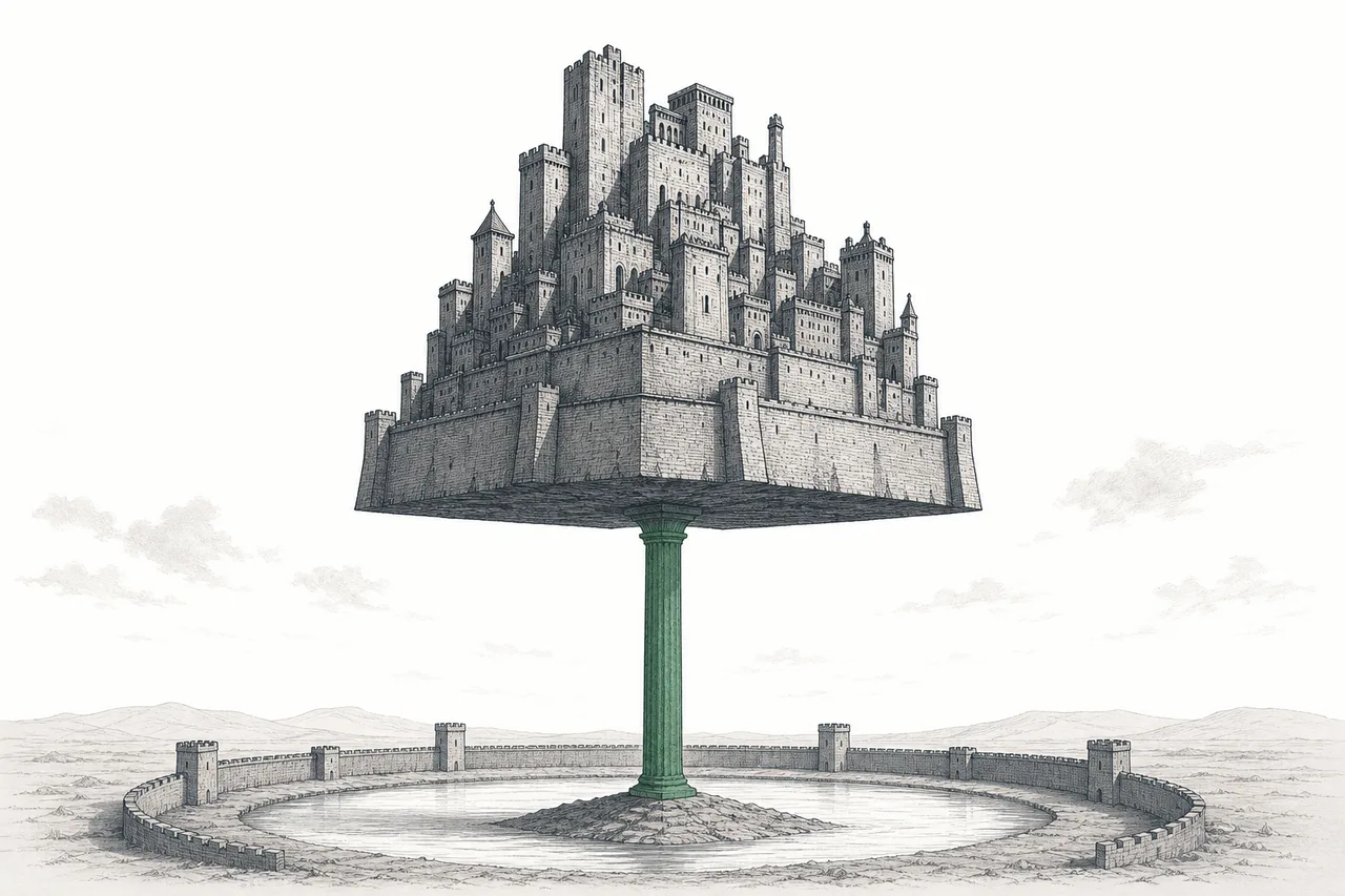 A castle or fortress built atop a single massive pillar — representing a company that built an entire empire out of a single rare disease