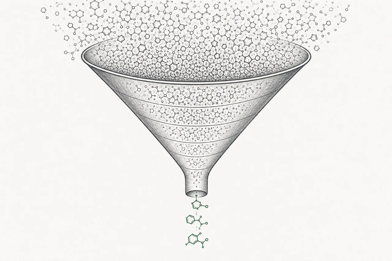 A giant drug-screening funnel with an enormous mouth full of millions of molecules, but AI helps narrow it to just a few at the bottom