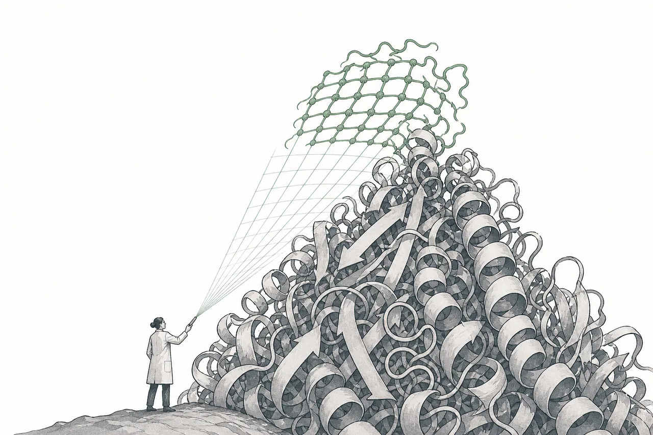 A tiny scientist standing before a giant folded protein structure that an AI is gradually unfolding, layer by layer