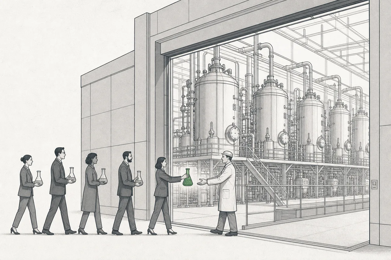 A large contract-manufacturing plant lined with cell-culture tanks, where several drug companies bring different drug bottles to be produced