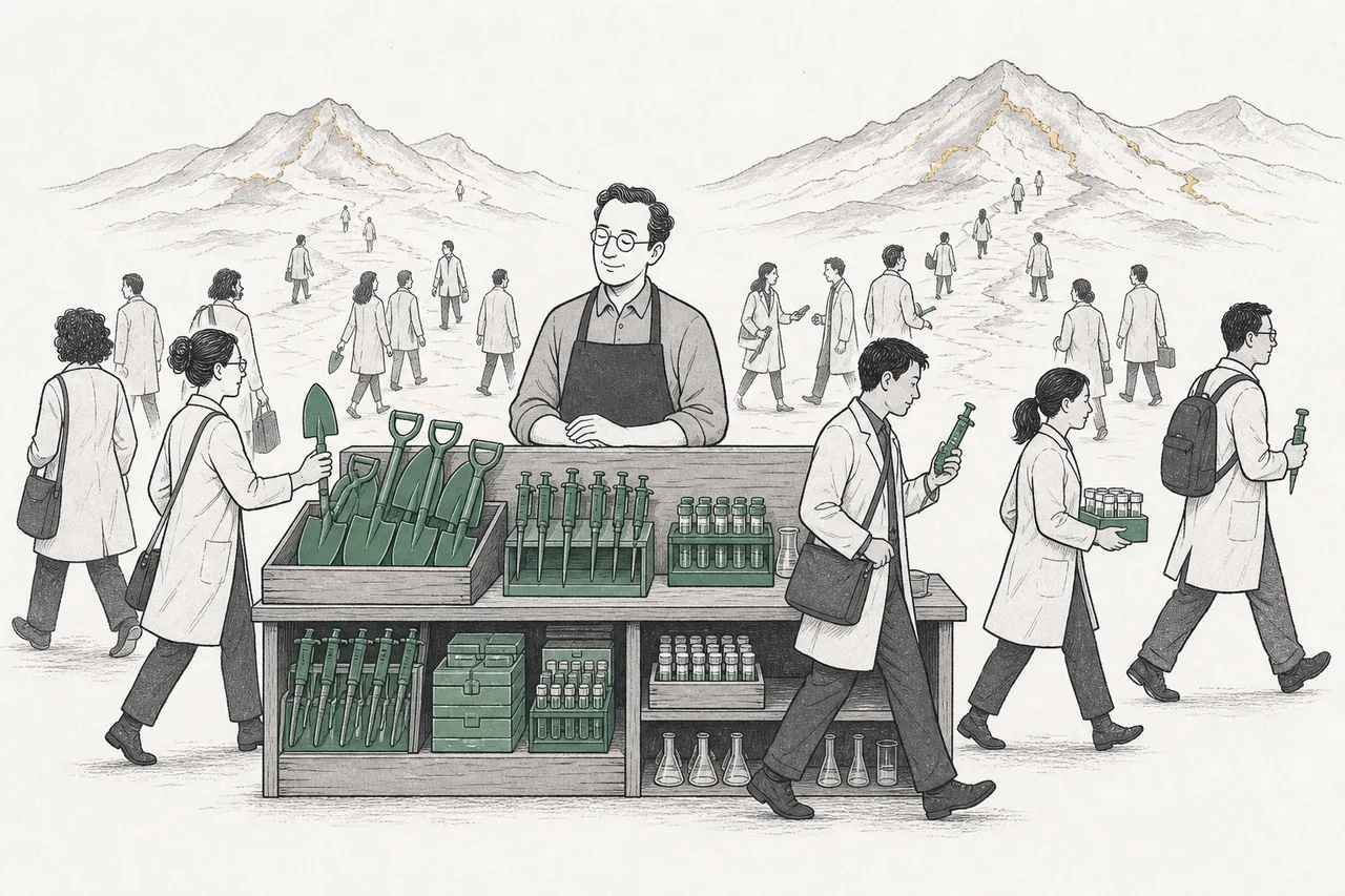 A tool seller stands calmly in the center while several drug companies rush toward them to buy equipment and outsource manufacturing, no matter which drug succeeds or fails