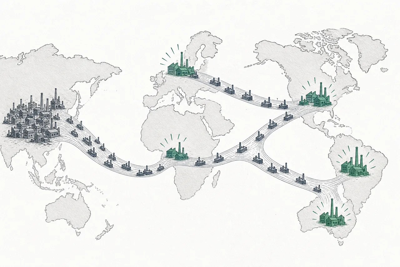 A symbolic world map with drug-manufacturing routes moving away from one side toward factories across several continents