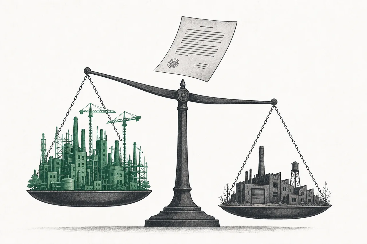 A balance scale with a growing drug factory on one side and an abandoned factory on the other, symbolizing the winners and losers politics creates