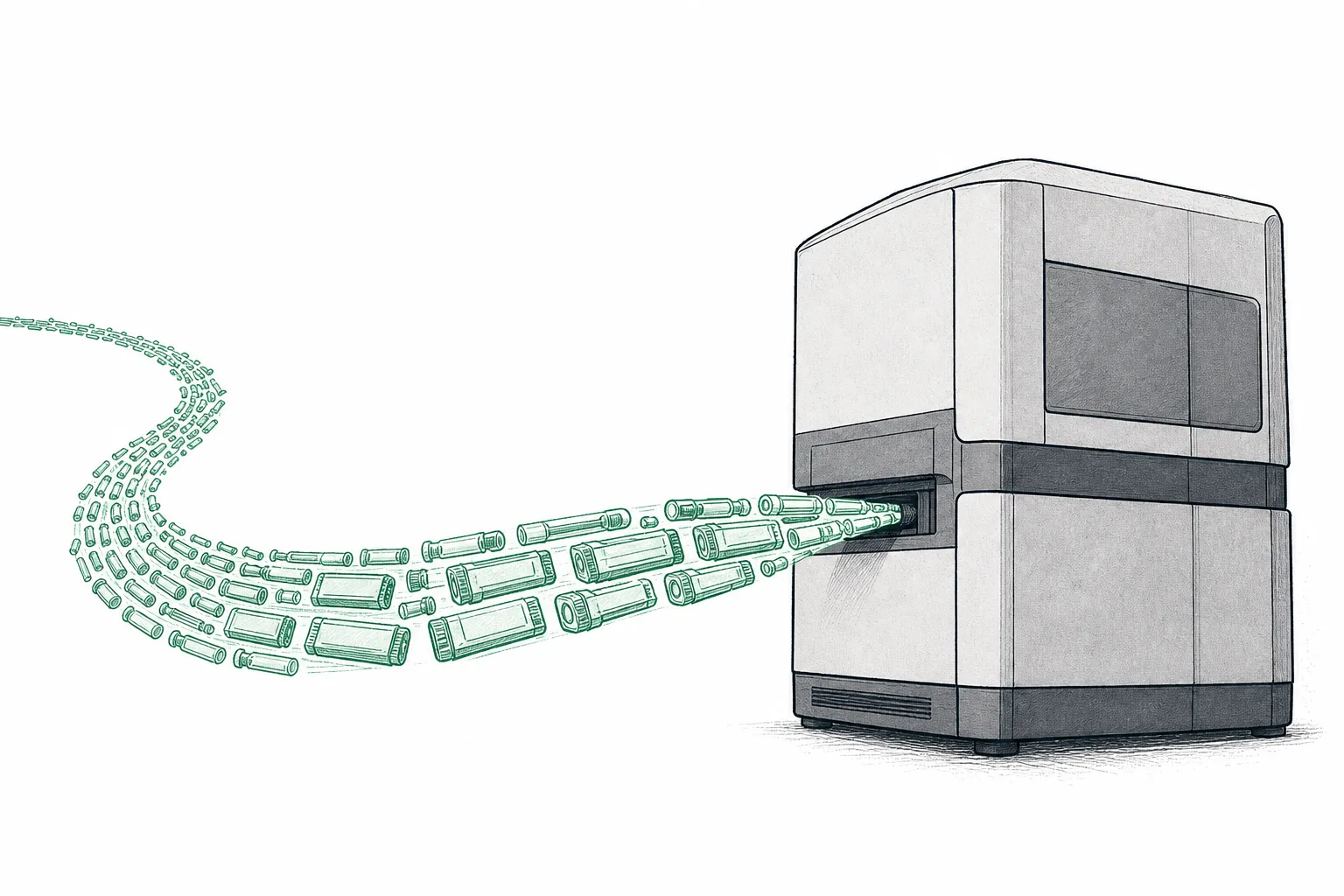 A large DNA reader sits installed just once, while many small reagent tubes flow into it in a continuous stream — evoking a machine sold once but consuming reagents for its whole life