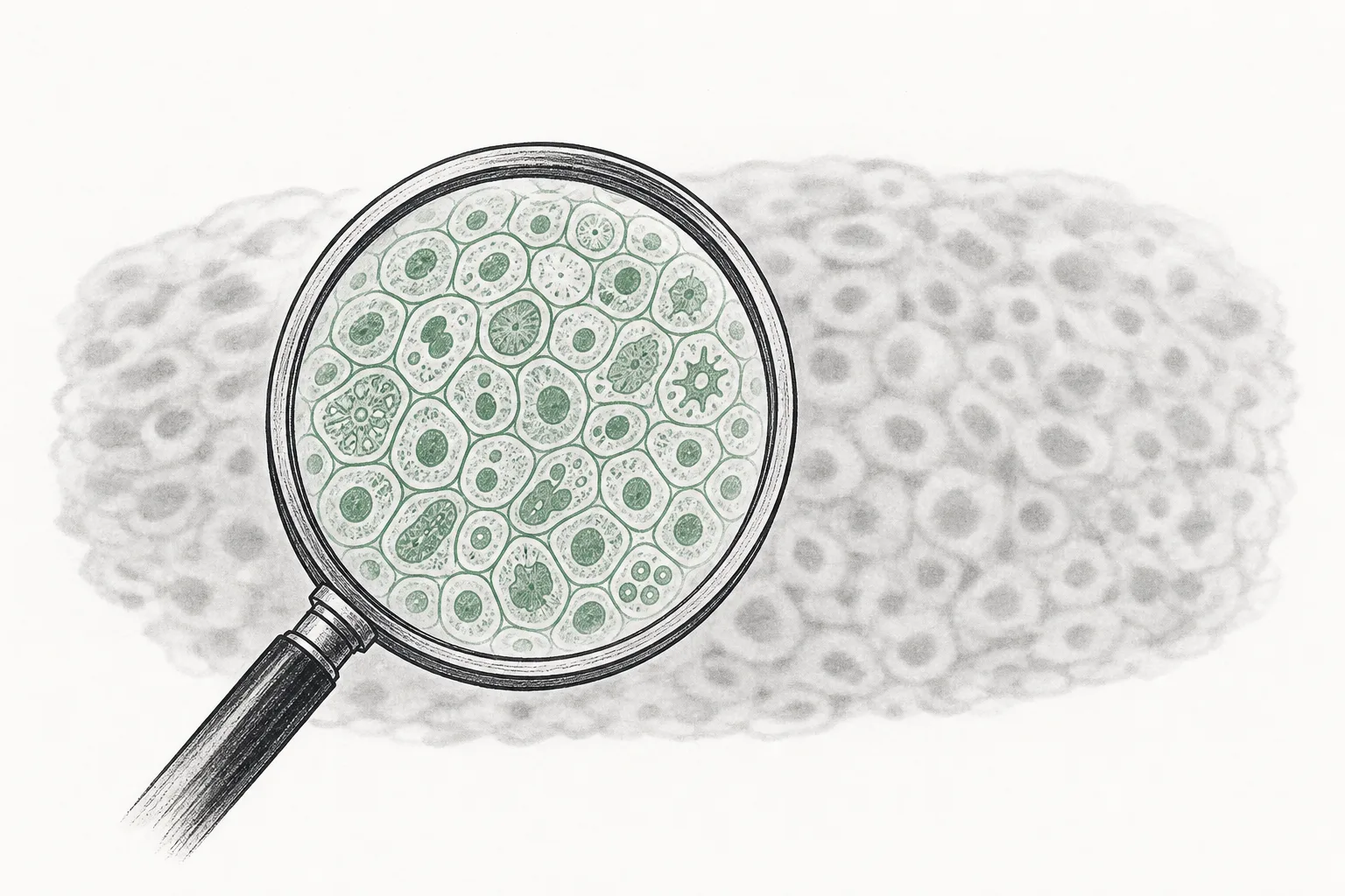 A magnifying glass peers down on tissue, and a blurry overall image resolves into individual, distinct, sharp cells — evoking the ability to see biology at the single-cell level