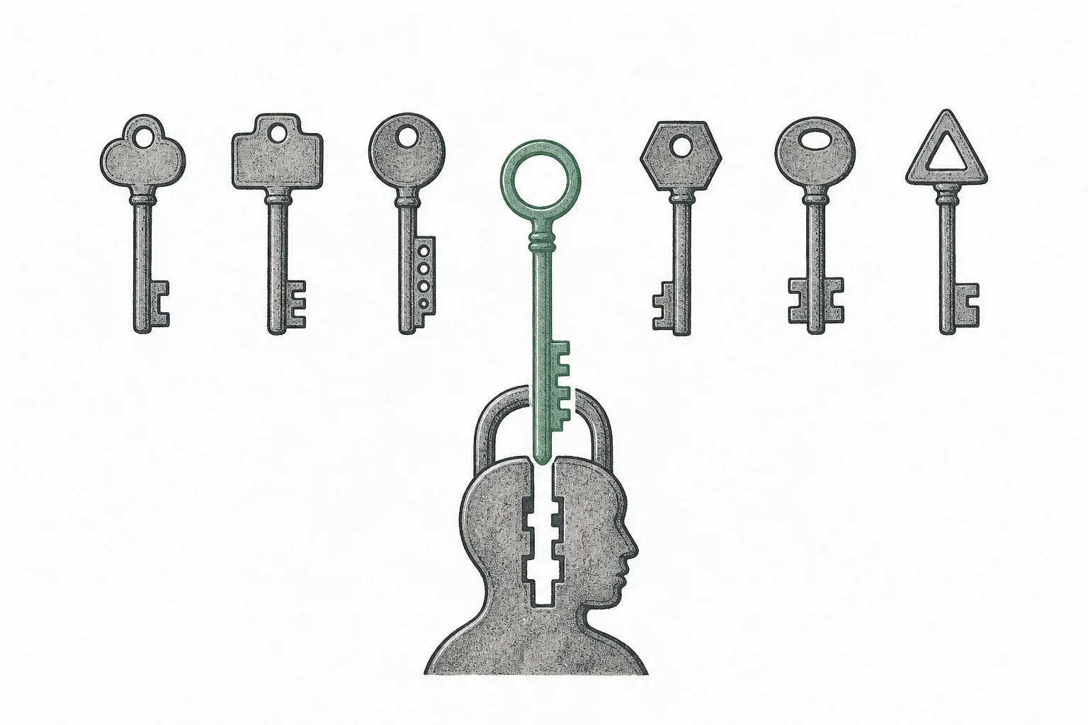Several keys of different shapes float above a lock with its own unique hole. Only one matches the shape exactly — representing matching a drug to each individual patient.