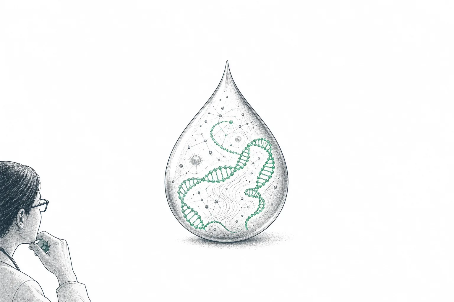 A single drop of blood that, looked at deeply, reveals lines of genetic code and signals hidden within — like a secret map telling the body's whole story.