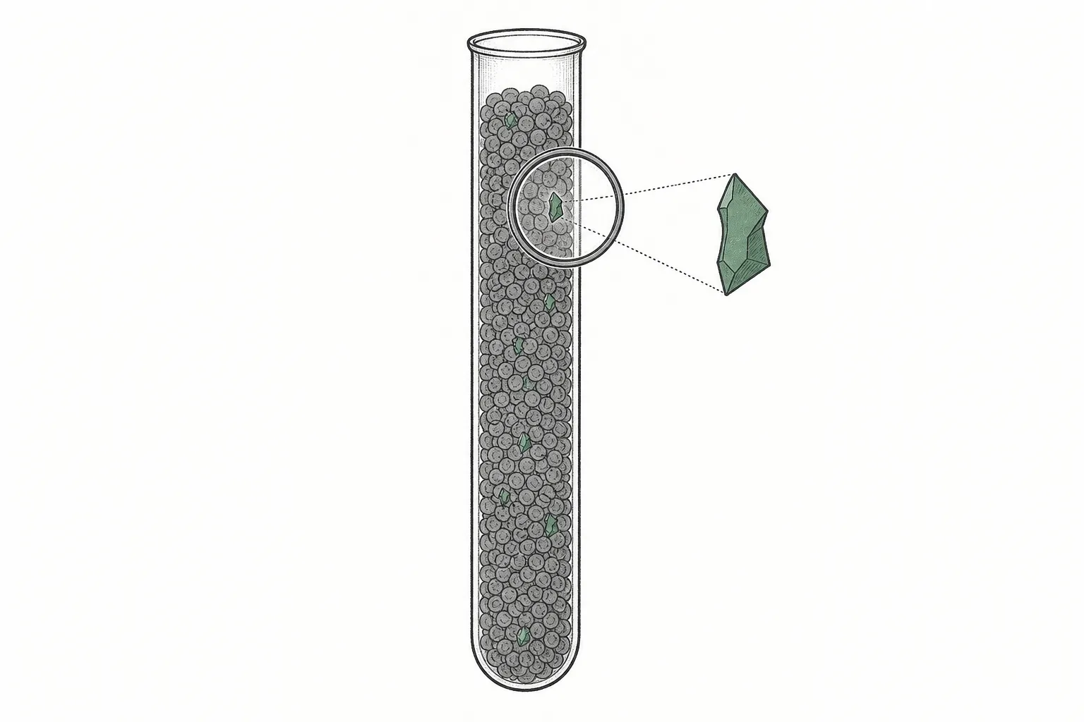 A single blood-collection tube whose interior holds tiny bright specks of cancer DNA fragments drifting mixed in, being singled out amid a vast number of normal blood cells.