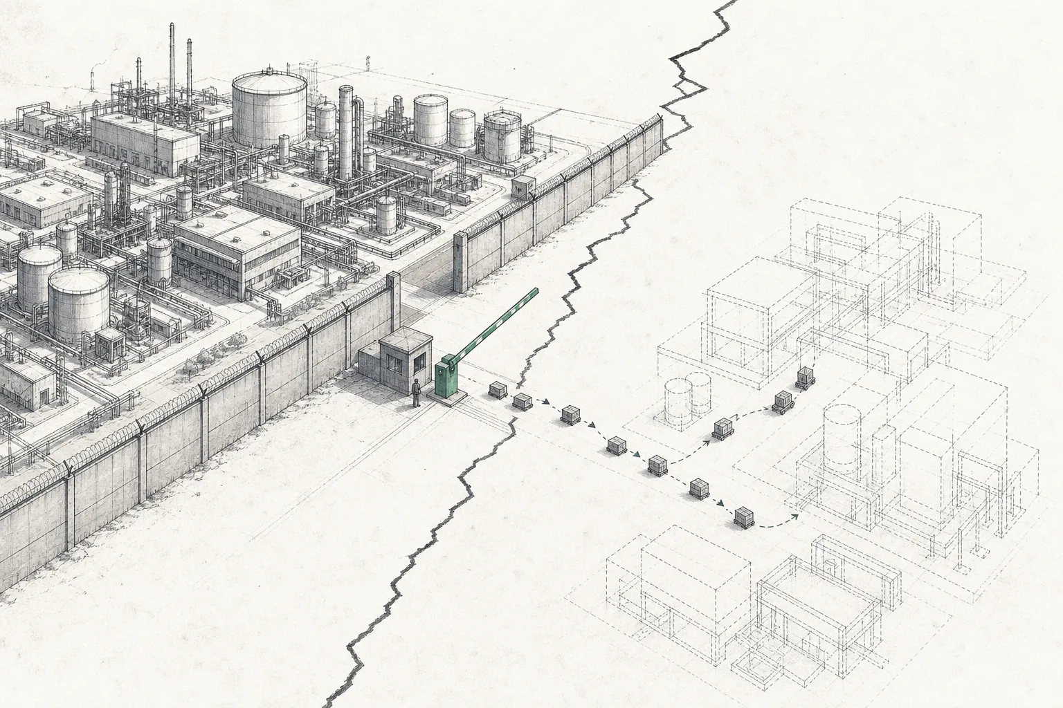 A large drug factory is split down the middle by a border line, with a wall and a checkpoint rising on one side, while work begins to flow over to the other side.
