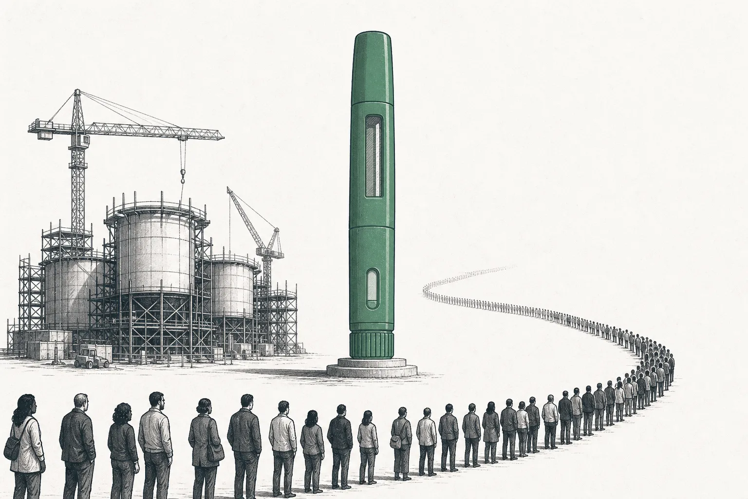 A giant GLP-1 injection pen towers up, with a long line of people waiting below, while the factory rushes to build new fermentation tanks but can't keep up.