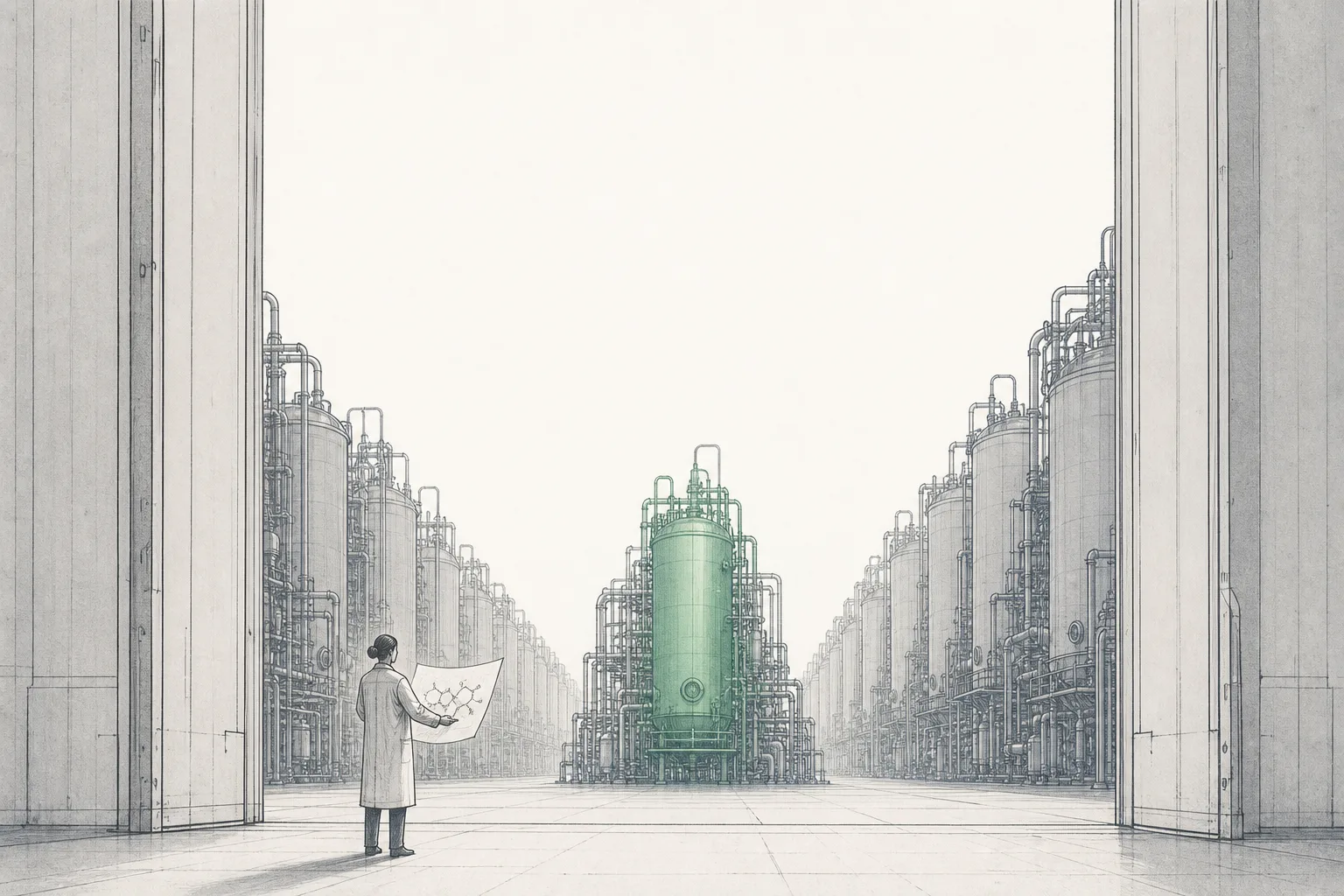 A small drug company hands the blueprint of a drug's structure to a giant factory full of metal fermentation tanks, which builds the drug to that design.