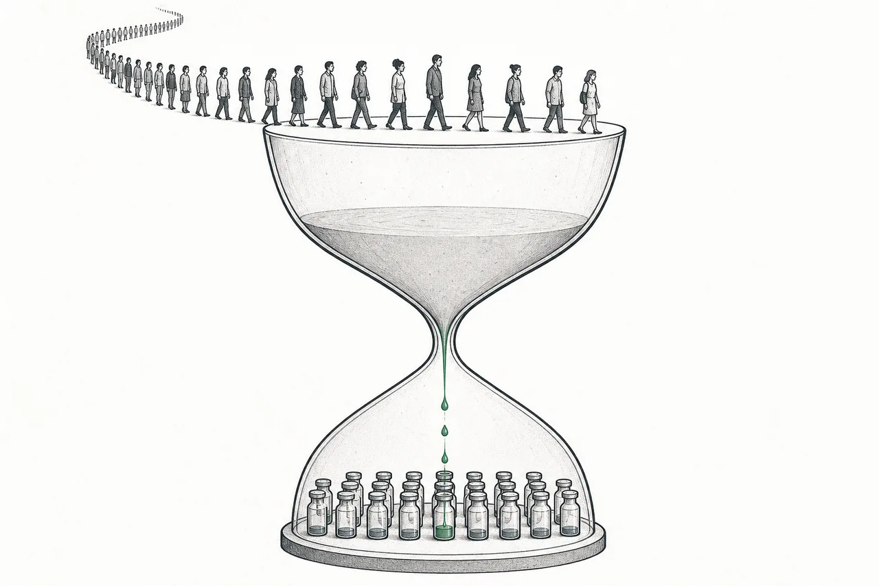 A giant plasma bottle with a narrow neck; people queue to donate at the mouth, while the bottom drips out one drop at a time into small drug vials — showing the donor bottleneck
