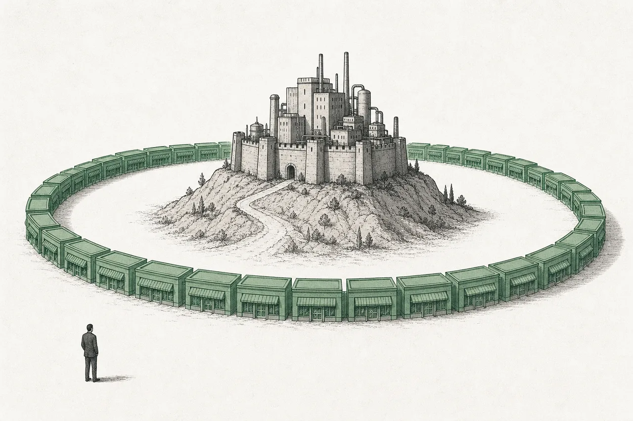 A pharmaceutical castle surrounded by a moat made of small donation centers lined up in a ring — showing that this business's defense is a physical network of donation centers