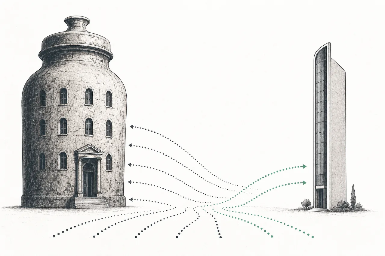 An old apothecary-jar-shaped building on the left, a sleek modern building on the right, with part of the customer path starting to bend toward the new one — showing share lost to substitute drugs