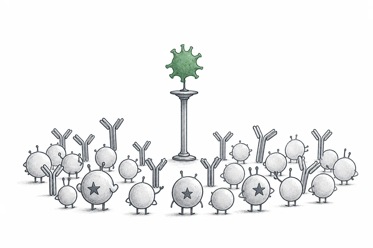 The immune system watches the silhouette of a pathogen being held up on display, then rehearses and gets its army ready and waiting