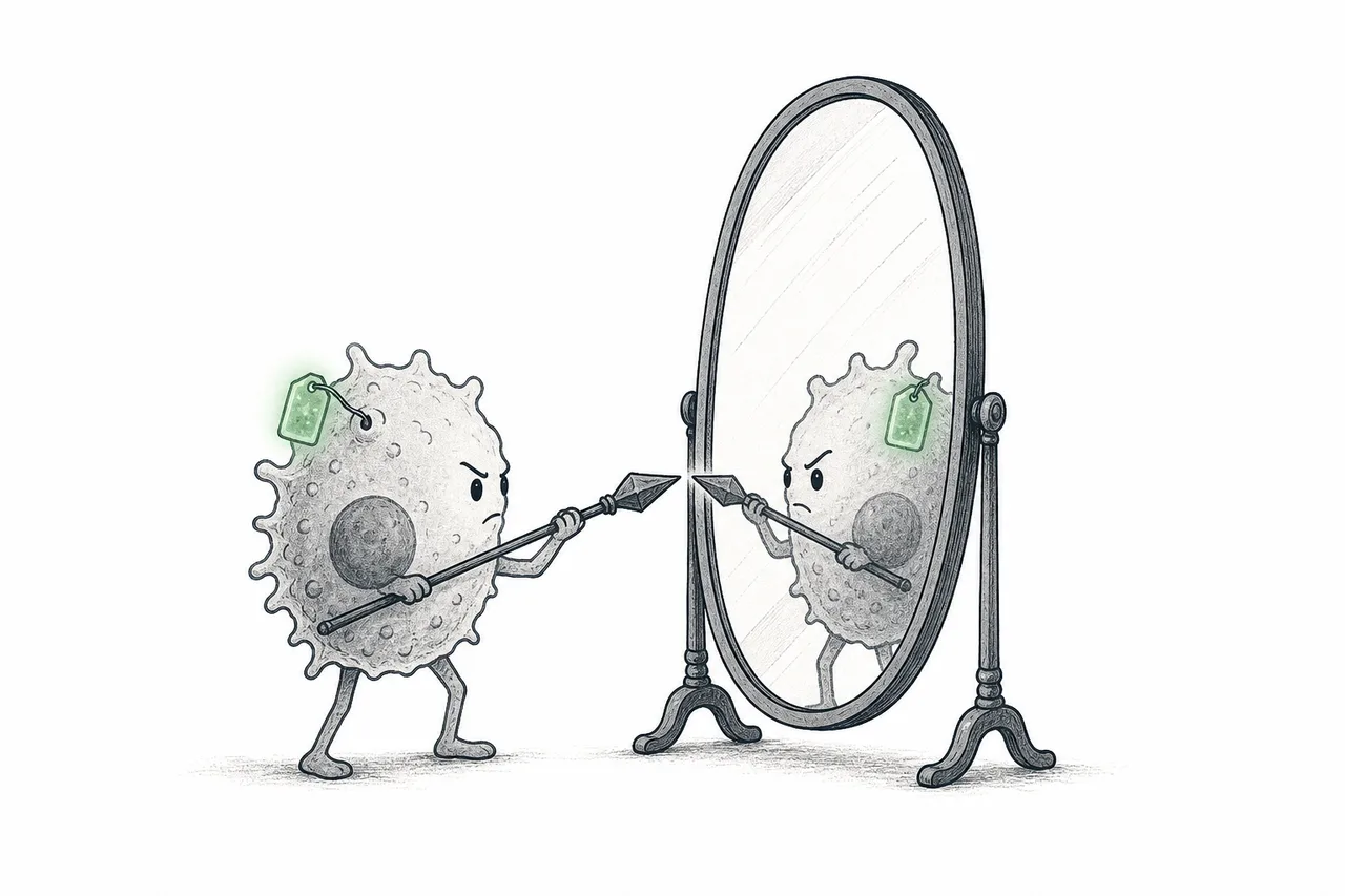 An immune sentry standing confused in front of a mirror, raising its weapon at its own reflection because it mistakes its own body for the enemy