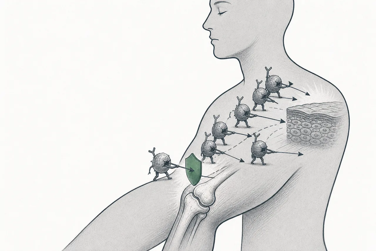 A human body where its own immune army turns to attack its owner's joints and skin, with a thin shield stepping in to block the attack