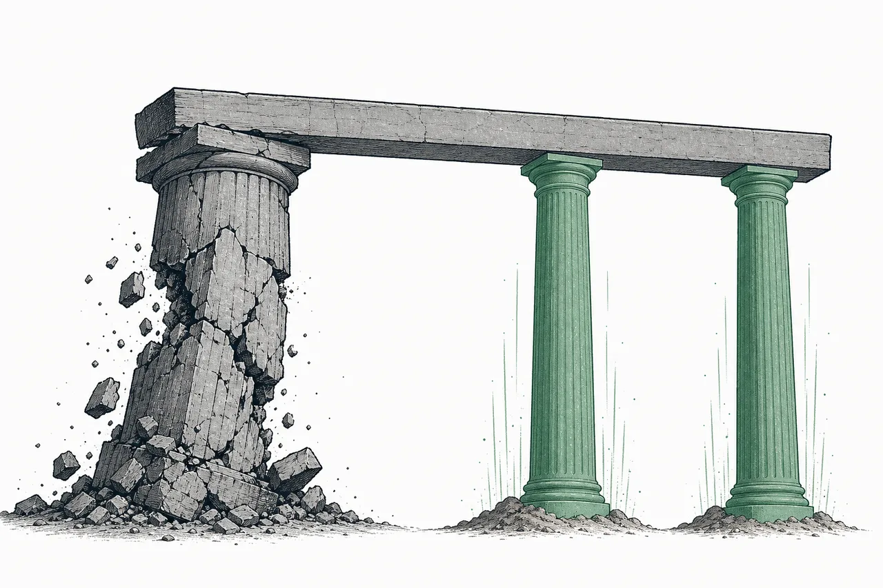 A giant pillar that once held up a building crumbling and sinking, while two slimmer new pillars slowly rise to take the weight just in time