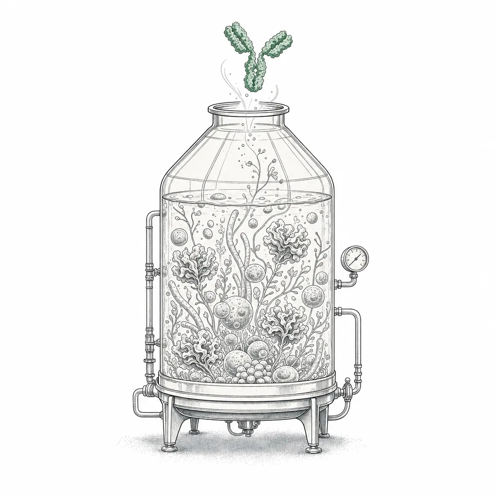 A greenhouse-like cell-culture tank, with living cells and drug proteins blooming inside like a garden