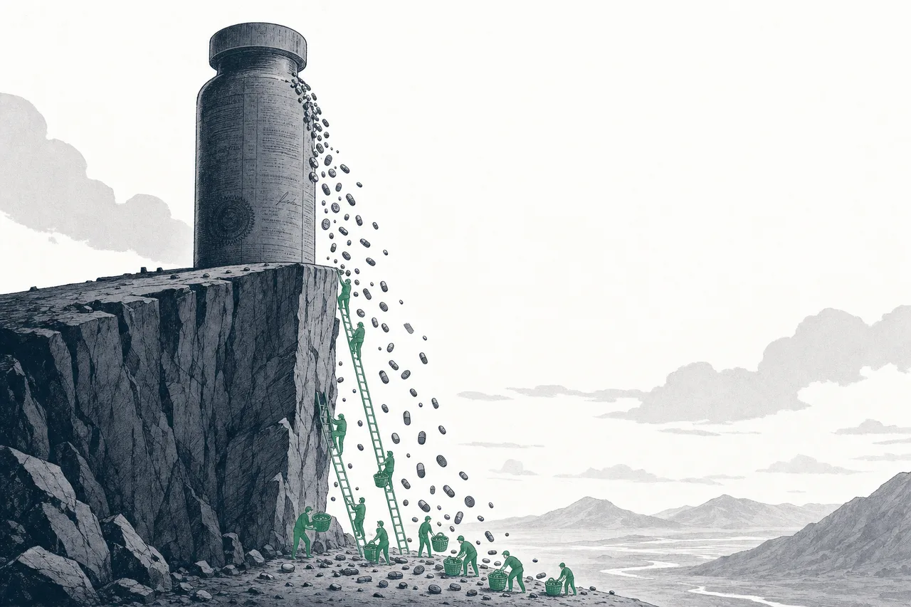 A pillar of a giant brand drug stands at a cliff's edge as its value tumbles into the chasm, while tiny biosimilar makers climb up to harvest it