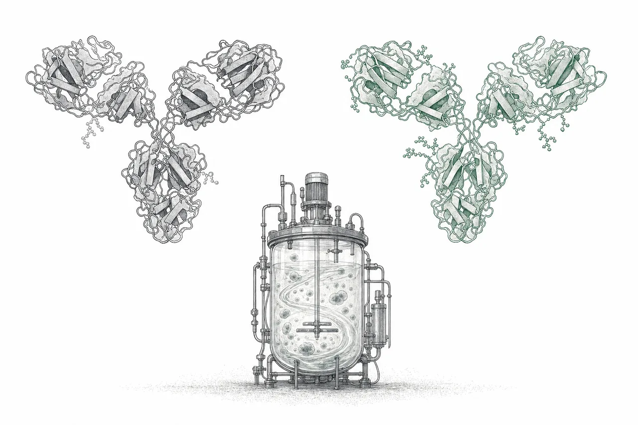 An original biologic drug and its near-identical biosimilar copy, both growing up out of cell-culture tanks behind them