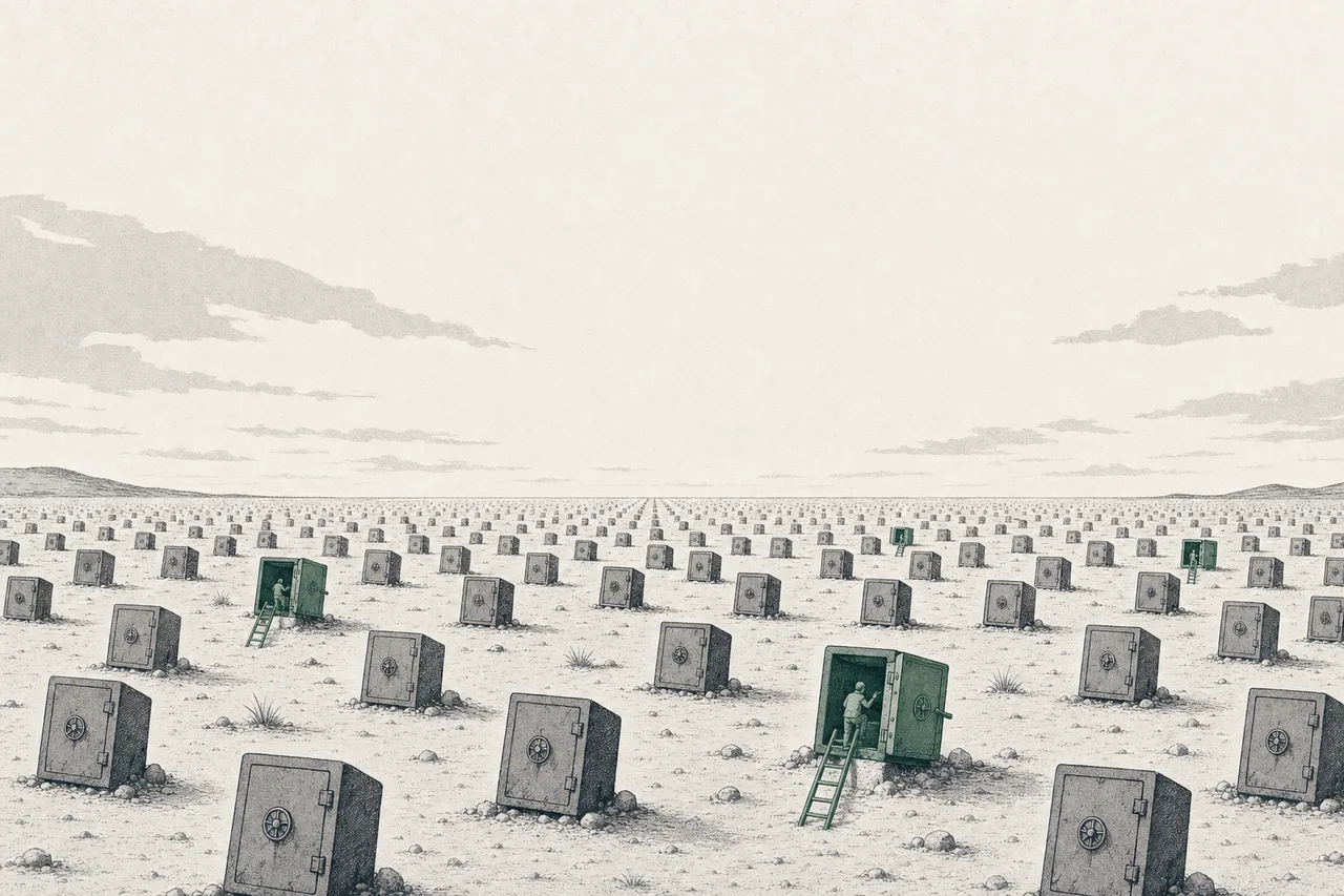 A vast field full of sealed, abandoned drug vaults, with only one in ten open and a small ladder leading up to it