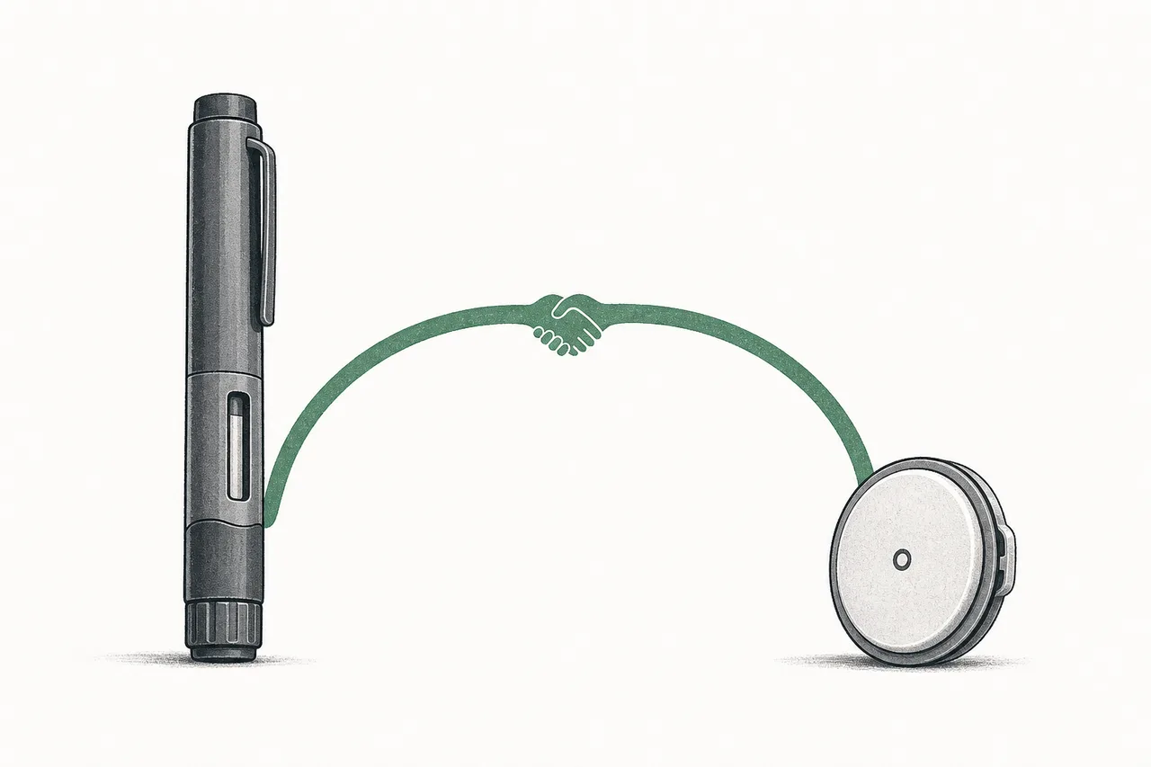 A GLP-1 injection pen and a glucose sensor placed side by side — looking like competitors but actually working as complements