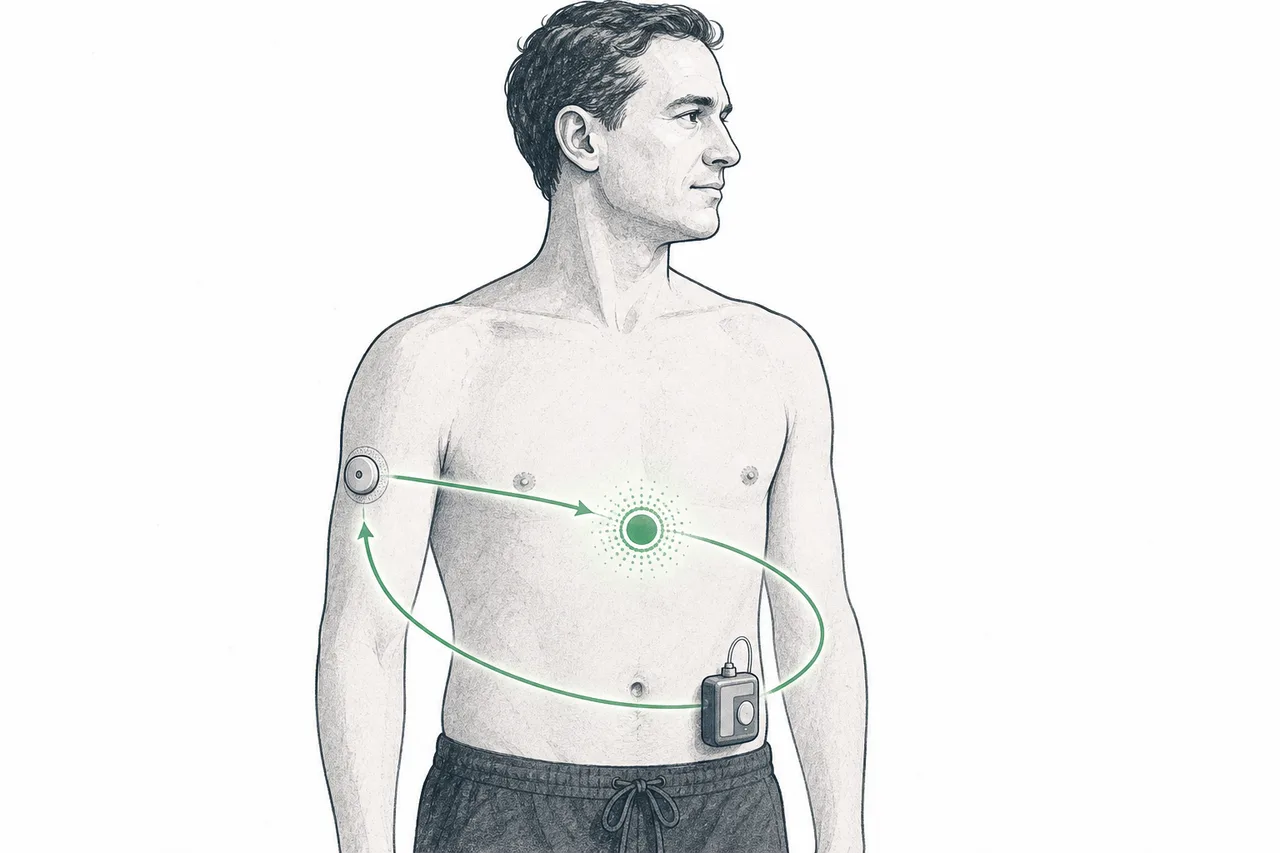 A small glucose sensor on the upper arm sends a signal to an insulin pump on the abdomen, working as a closed loop in place of the pancreas