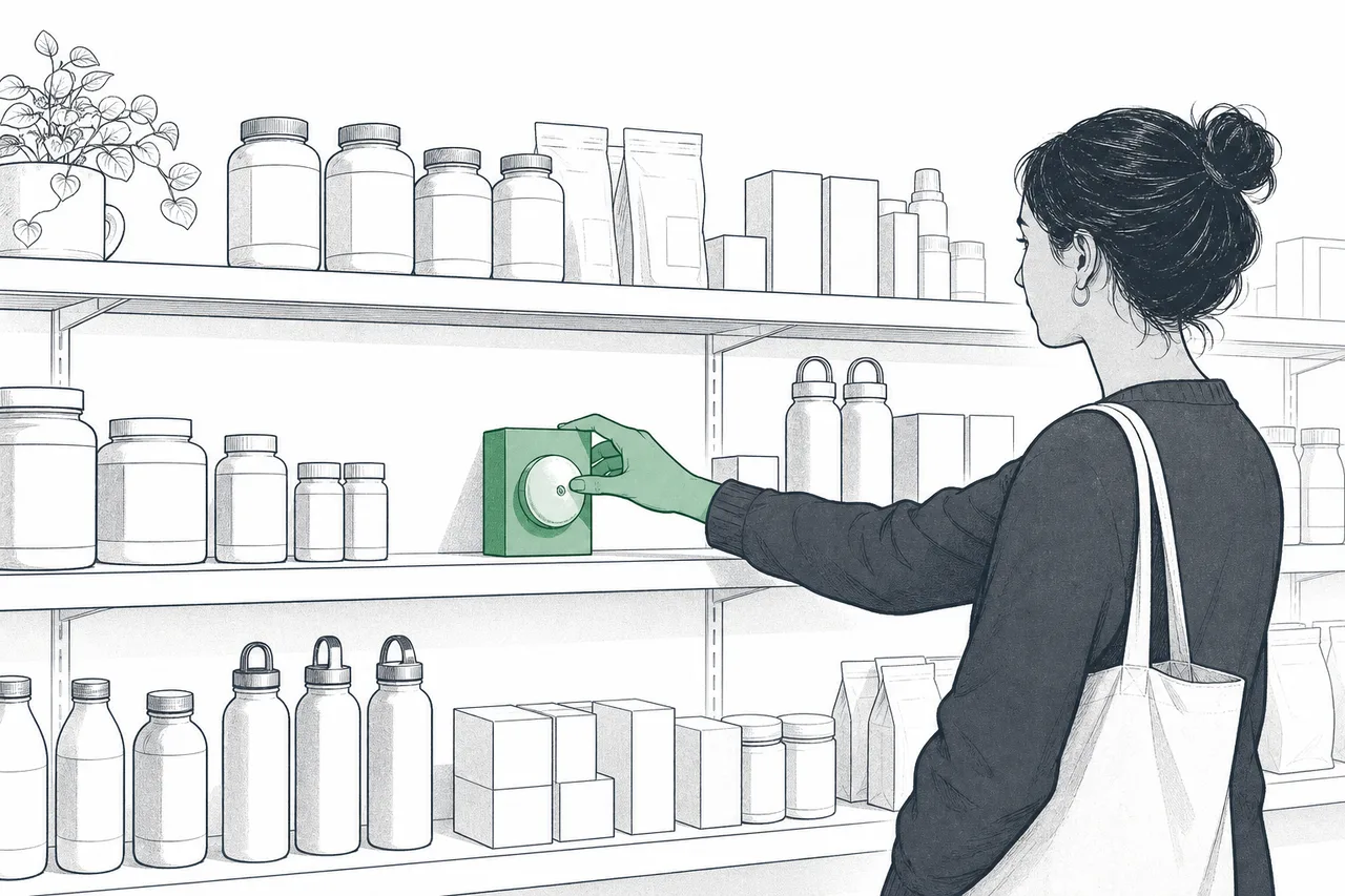 A glucose sensor on a health-products shelf next to everyday items, where ordinary people can pick it up and buy it without a prescription
