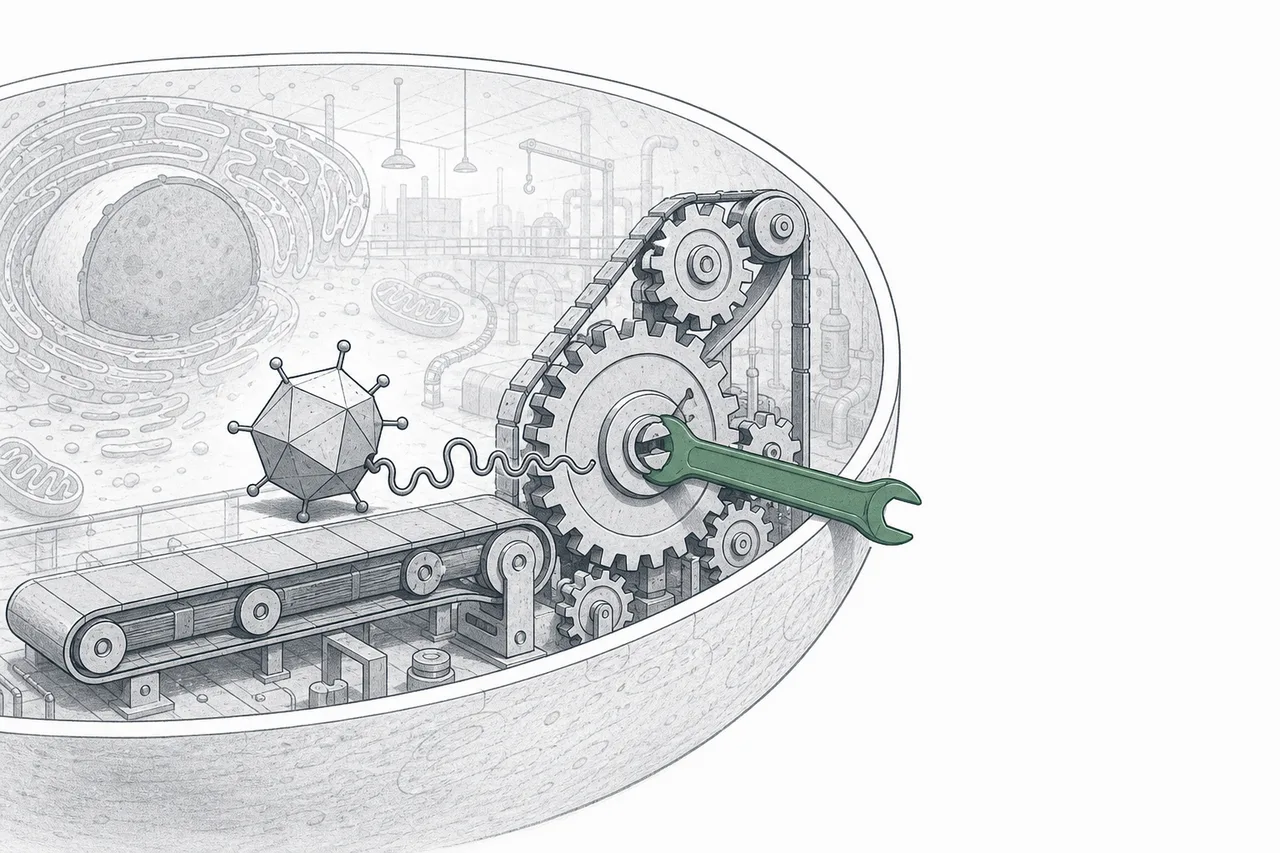 A virus trying to take over the machinery inside a human cell, but a wrench is jammed into the gears, stopping the conveyor belt