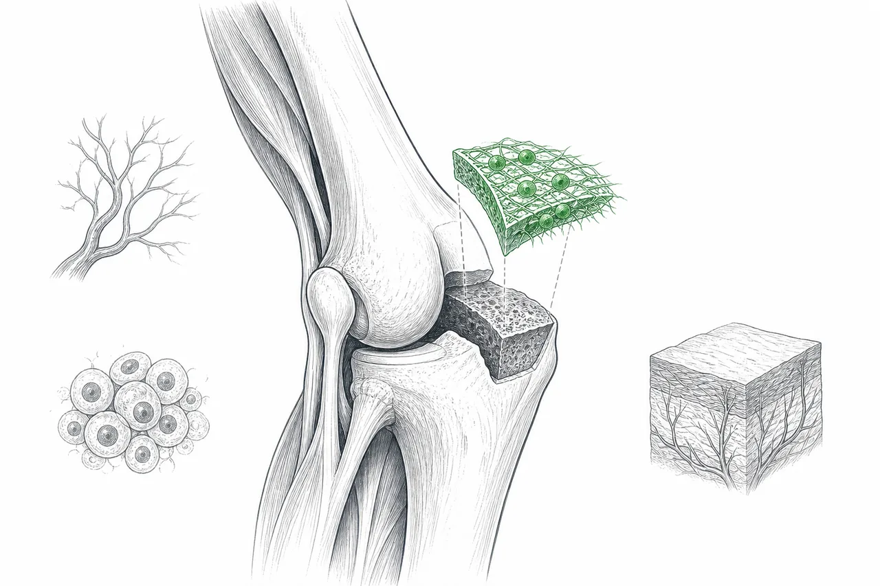 A human body where part of the tissue is being grown anew on a scaffold, replacing the damaged section