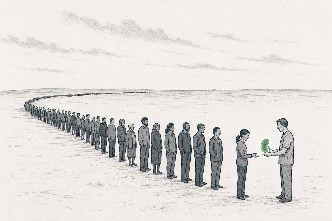 A long line of people waiting for new organs under a wide sky, with only a few receiving one