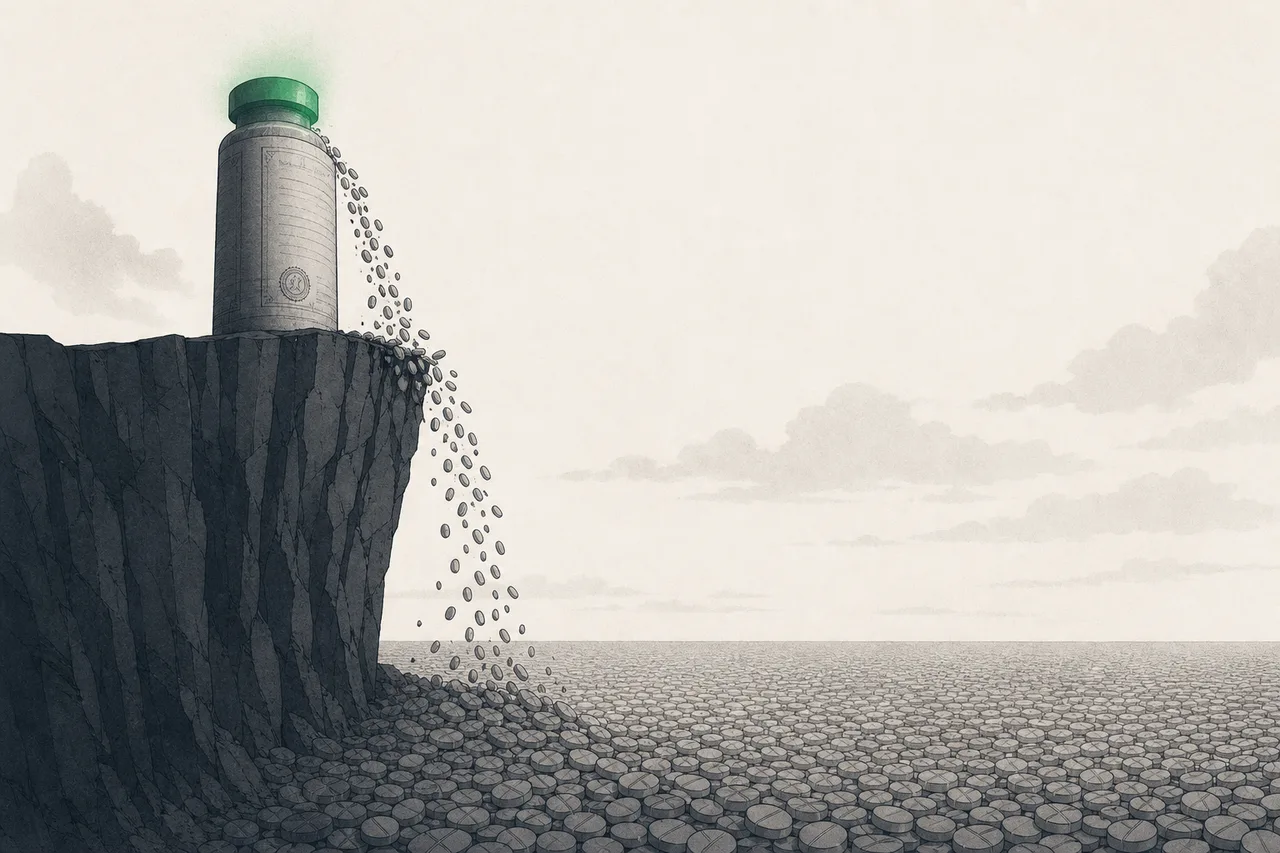 A giant brand-drug pillar stands at the edge of a patent cliff, its value tumbling into the ravine and turning into cheap generics