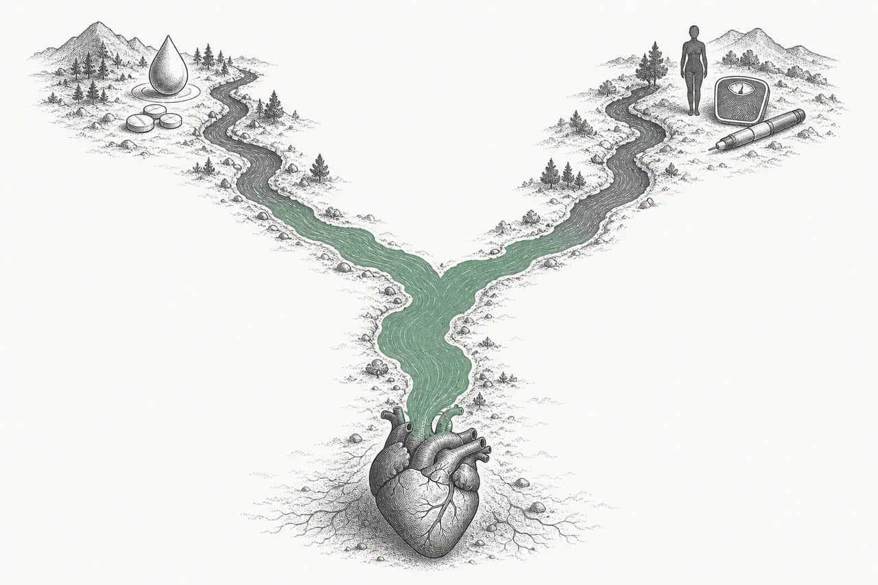 Streams flowing from the lands of diabetes drugs and weight-loss drugs merge into a single river that nourishes the heart