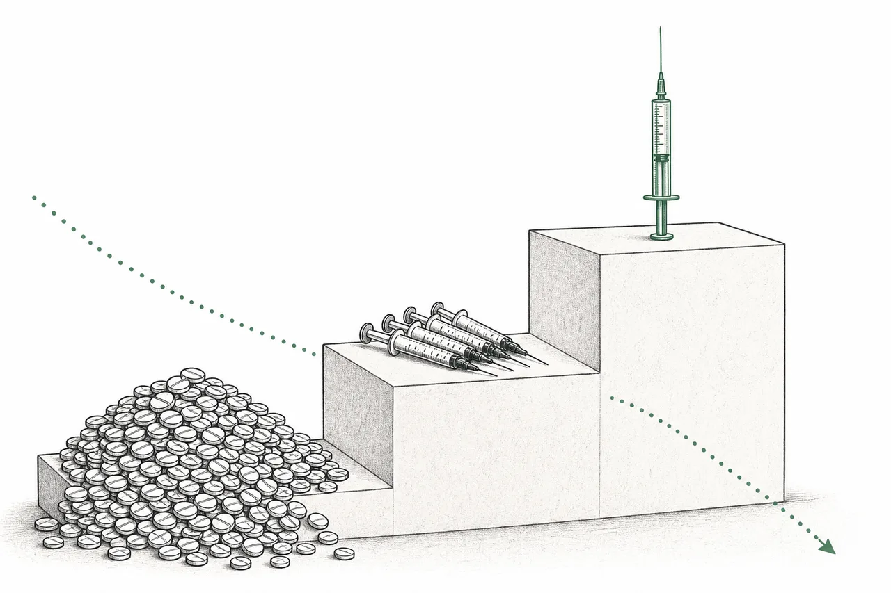 A ladder of cholesterol-lowering drugs growing ever more advanced — from a pile of small pills to one elegant injection