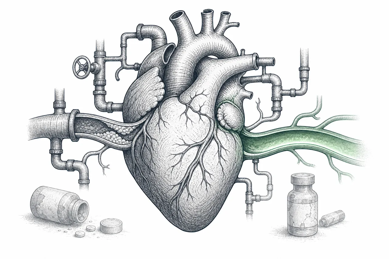 A human heart connected to a clogged artery — fatty plaque builds up on one side, while the other is being opened up by a new drug mechanism